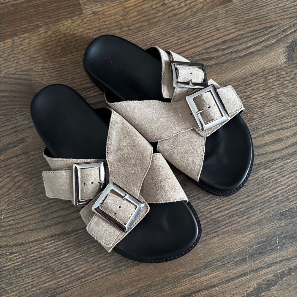Double silver buckle tan leather suede chunky comfy sandal slides size 7.5/EU 38
